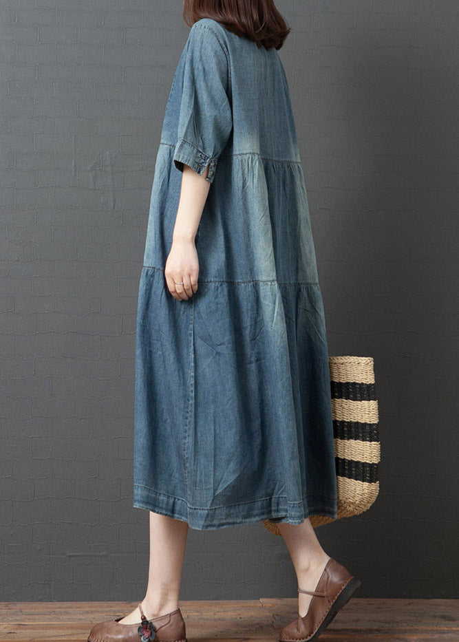 Denim Blue V Neck Patchwork Dresses Half Sleeve