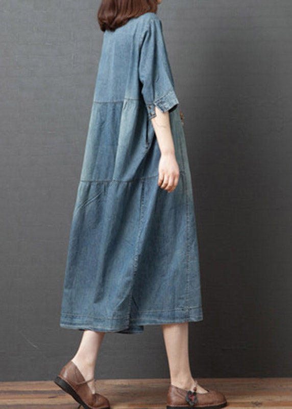 Denim Blue V Neck Patchwork Dresses Half Sleeve