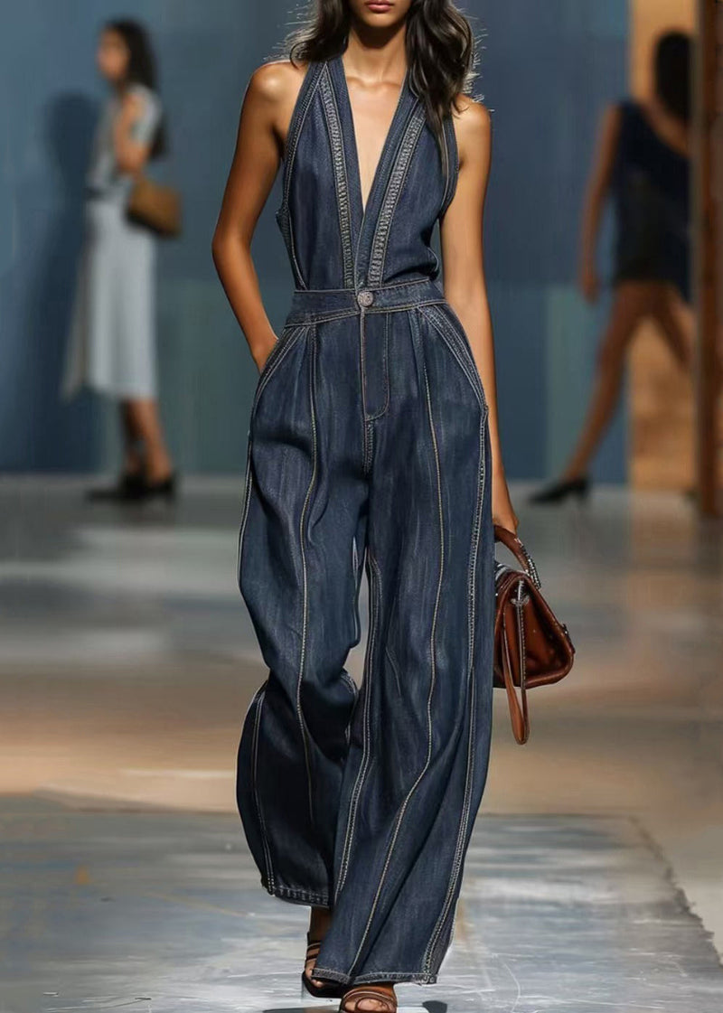 Denim Blue V Neck Pockets High Waist Jumpsuits Sleeveless