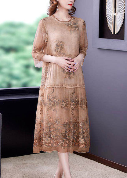 Embroidered Ruffled Patchwork Silk Long Dress Half Sleeve
