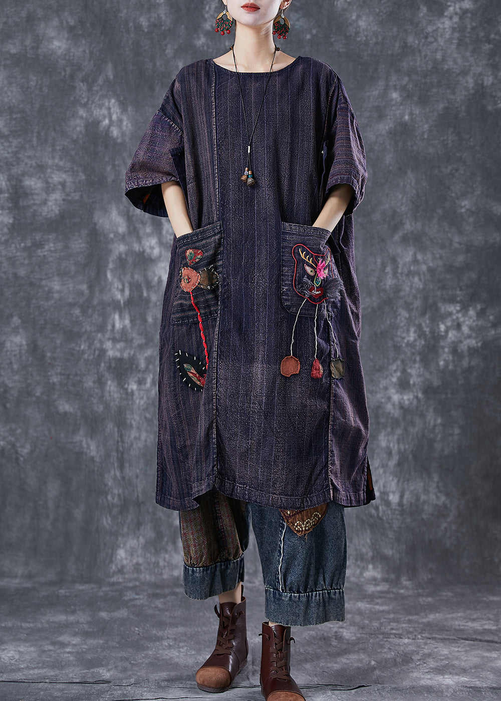 Embroidered Patchwork Applique Wear on Both Sides Cotton Dress Summer