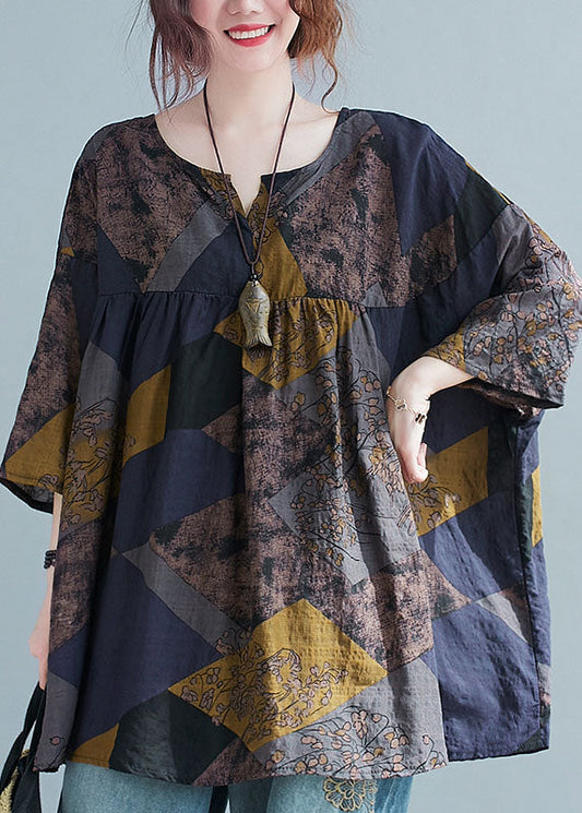 Geometric V Neck Print Patchwork Cotton Shirt Top Summer