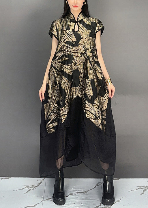 Gold Stand Collar Print Patchwork Cottondresses Summer