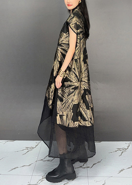 Gold Stand Collar Print Patchwork Cottondresses Summer