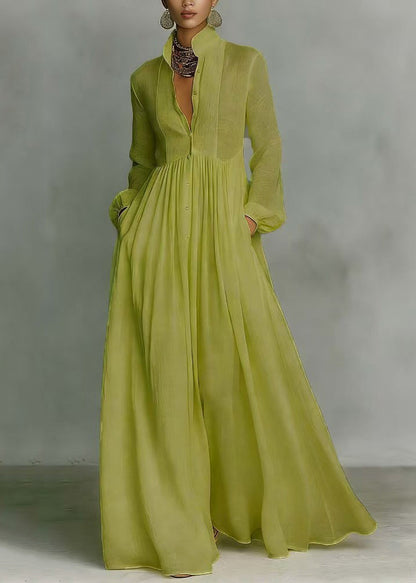 Grass Green Stand Collar Exra Large Hem Cotton Holiday Dress Summer