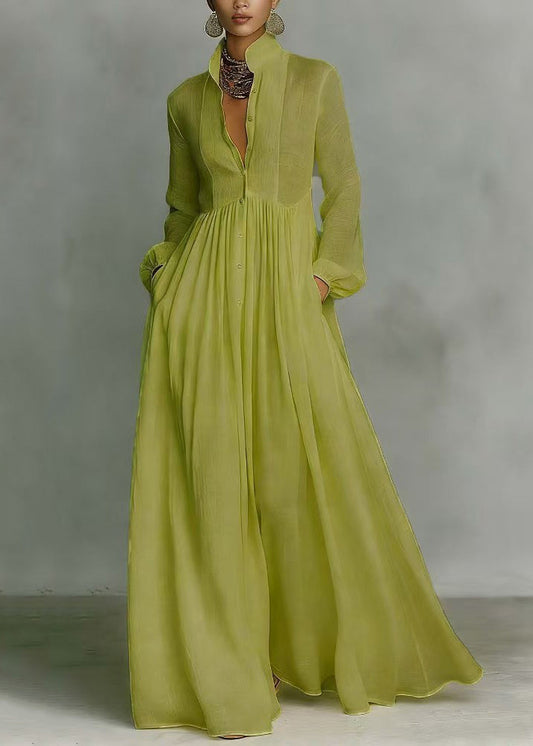 Grass Green Stand Collar Exra Large Hem Cotton Holiday Dress Summer