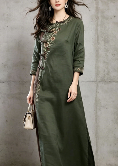 Green Embroidered Chinese Button Cotton Dress Summer