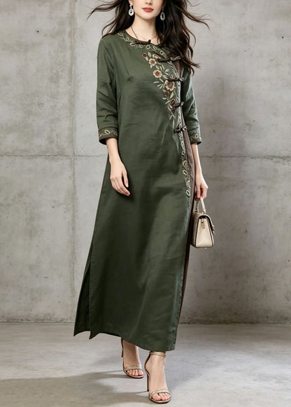 Green Embroidered Chinese Button Cotton Dress Summer