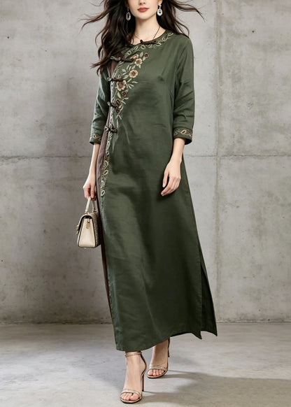 Green Embroidered Chinese Button Cotton Dress Summer