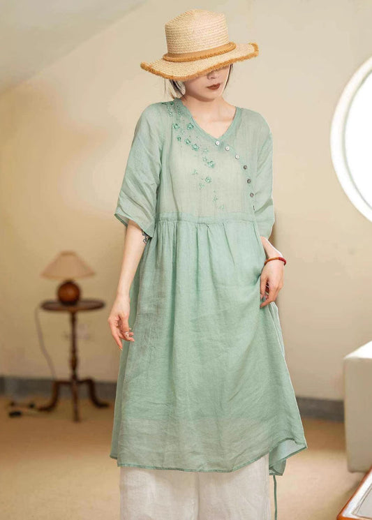 Green Embroidered Patchwork Lace Up Linen Dresses Summer