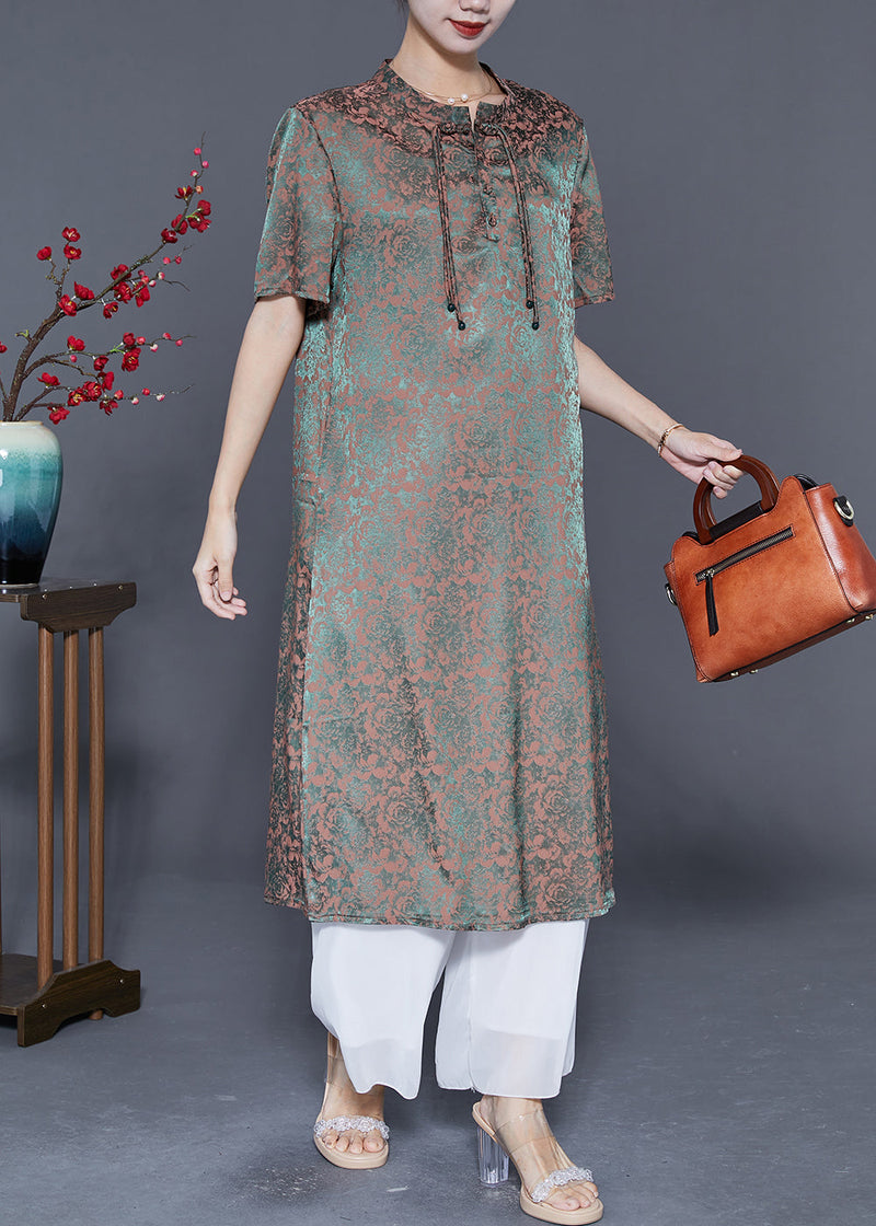 Green Gradient Color Print Tassel Silk Maxi Dresses Summer