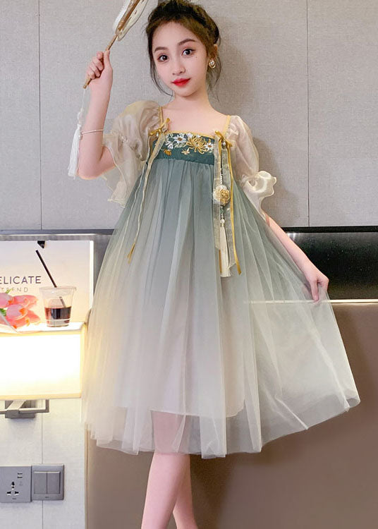 Green Gradient Embroideried Patchwork Tulle Baby Dresses Summer