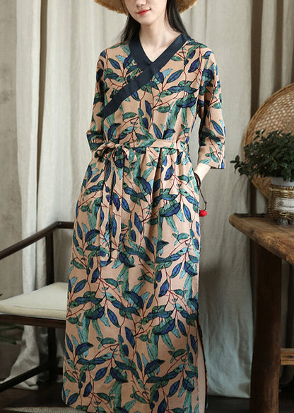 Green Leaves Print Tie Waist Pockets Cotton Maxi Dresses Half Sleeve