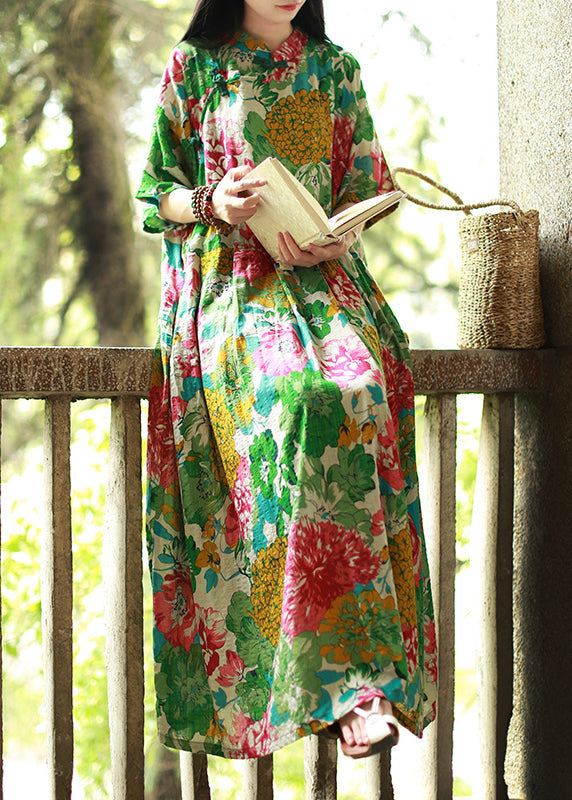 Green Mandarin Collar Cinched Print Maxi Dress Half Sleeve