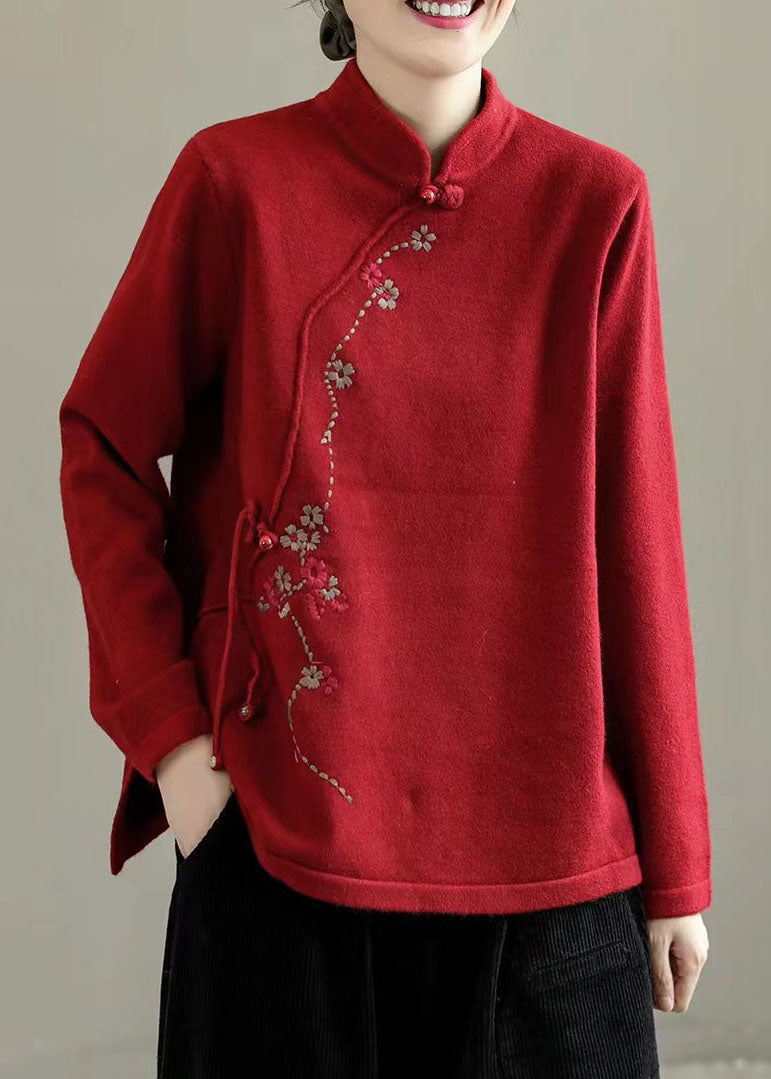 Green Mandarin Collar Embroideried Knit Sweaters Winter