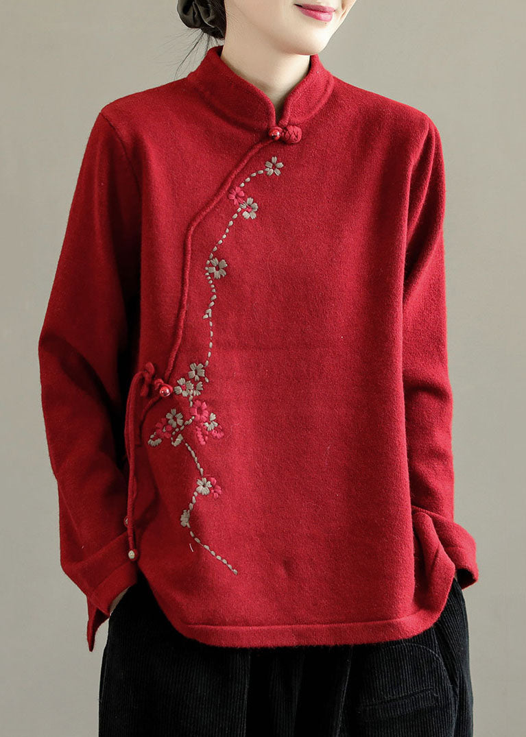 Green Mandarin Collar Embroideried Knit Sweaters Winter