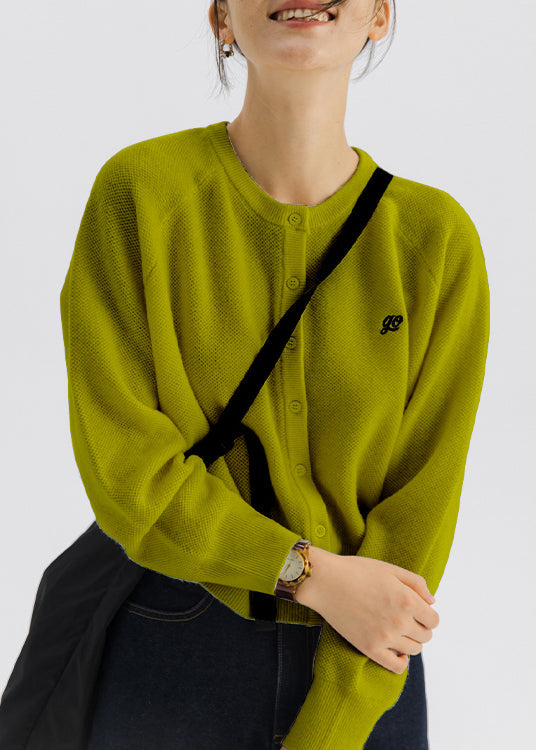 Green O-neck Cozy Woolen Knit Cardigan Long Sleeve