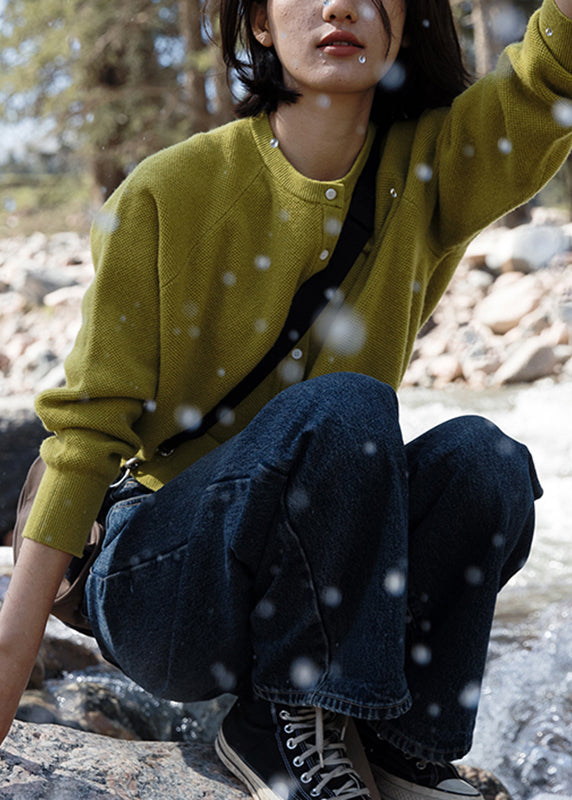 Green O-neck Cozy Woolen Knit Cardigan Long Sleeve