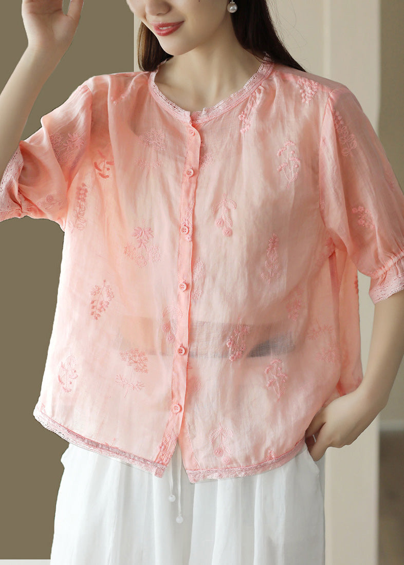 Green O Neck Embroidered Linen Shirt Summer