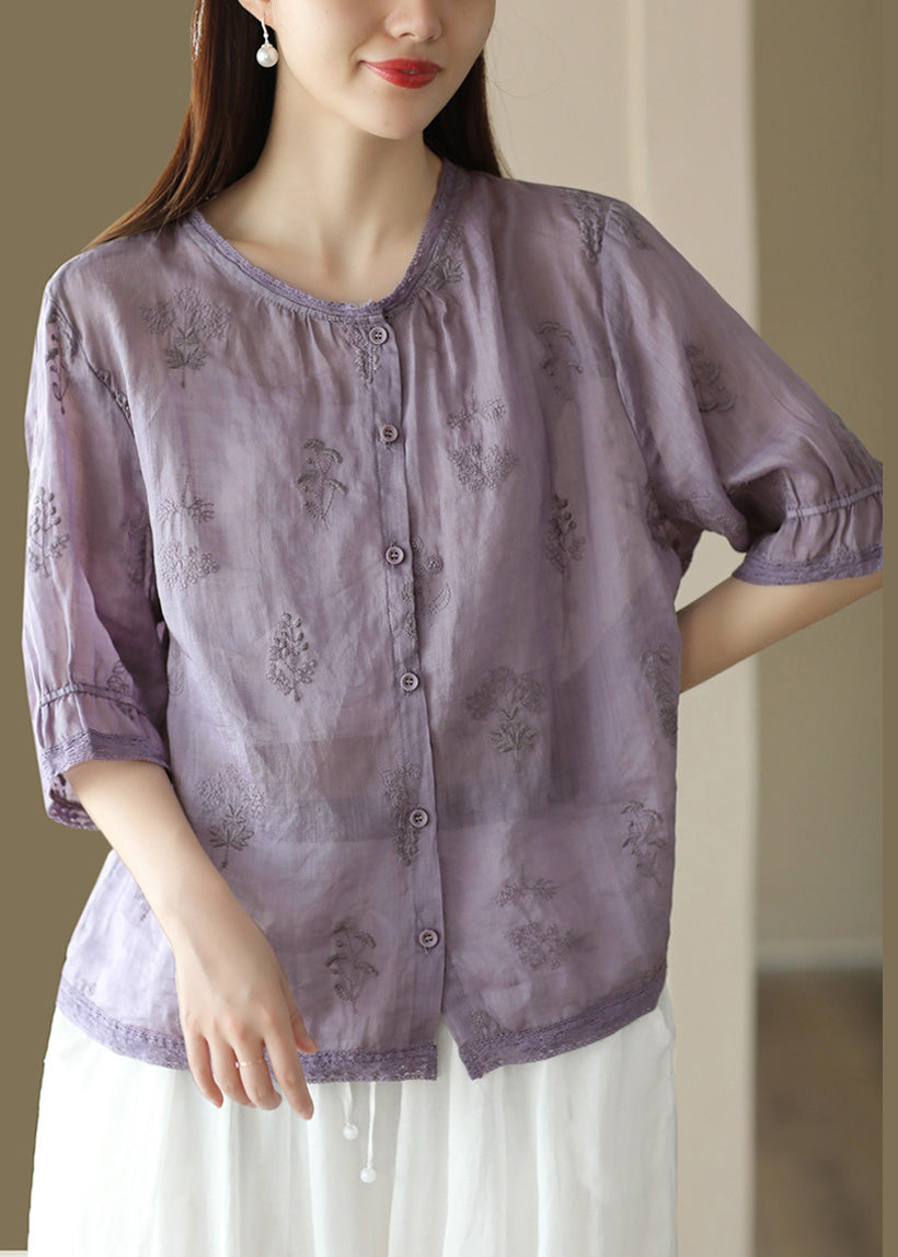 Green O Neck Embroidered Linen Shirt Summer
