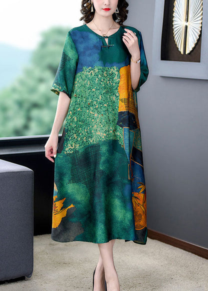 Green O Neck Print Button Patchwork Silk Dress Summer