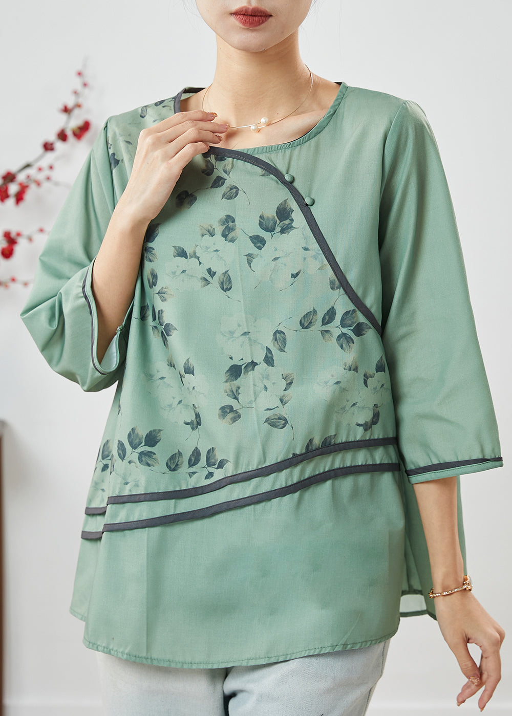 Green O-neck Print Linen Shirt Top Half Sleeve