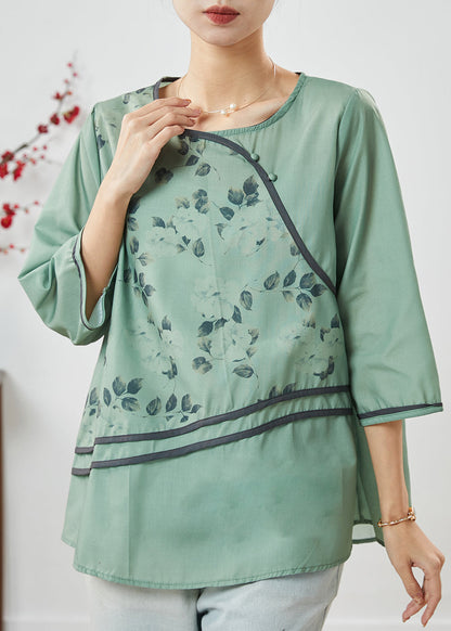 Green O-neck Print Linen Shirt Top Half Sleeve