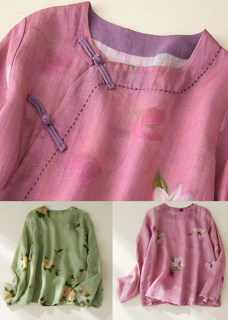 Green O Neck Print Patchwork Cotton Shirt Tops Long Sleeve