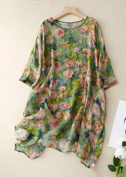 Black Flowers and Birds O Neck Print Patchwork Linen Mid Dress Bracelet Sleeve