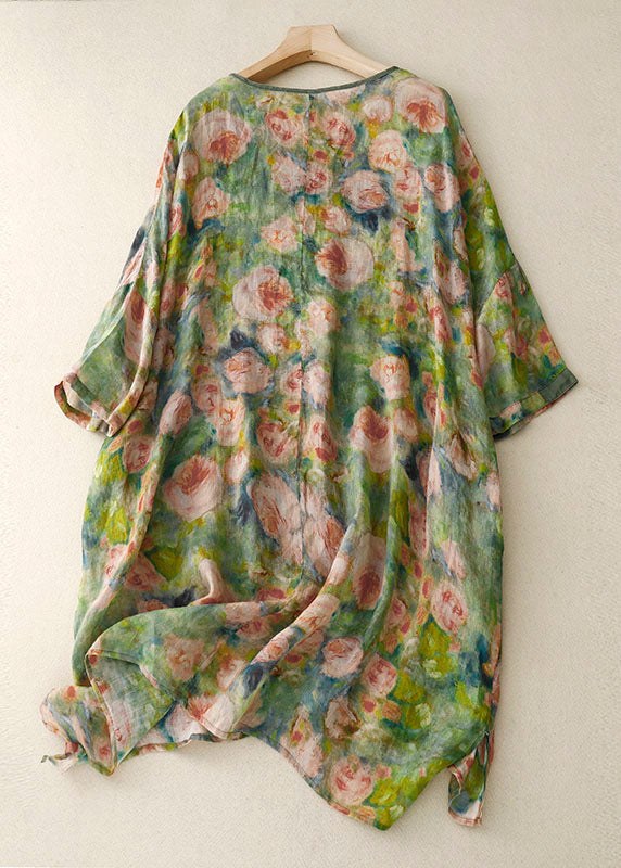Black Flowers and Birds O Neck Print Patchwork Linen Mid Dress Bracelet Sleeve