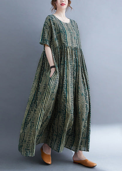 Green O-neck Print Patchwork Maxi Dress Summer