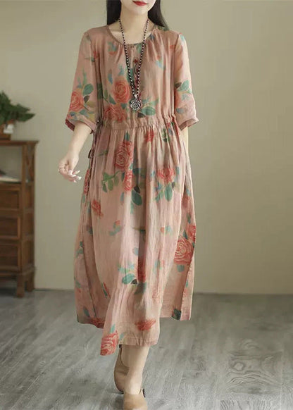 Green O-neck Print Wrinkled Long Dress Summer