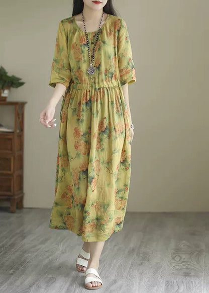Green O-neck Print Wrinkled Long Dress Summer