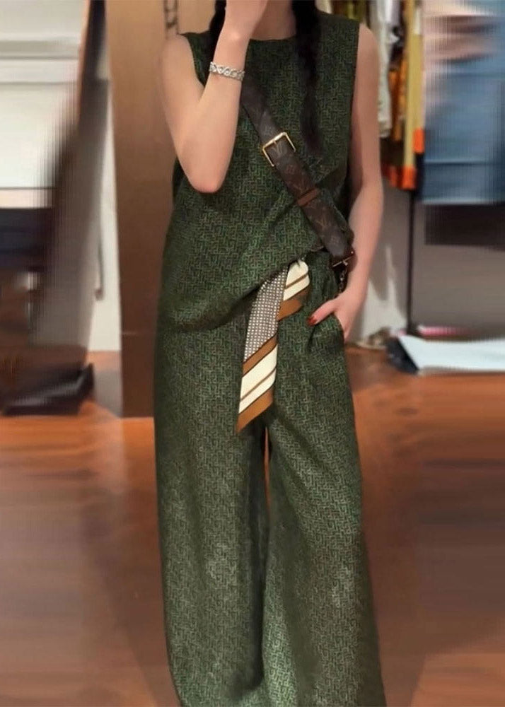 Green O-neck Satin Vest and Wide Leg Pants Two Pieces Set Summer