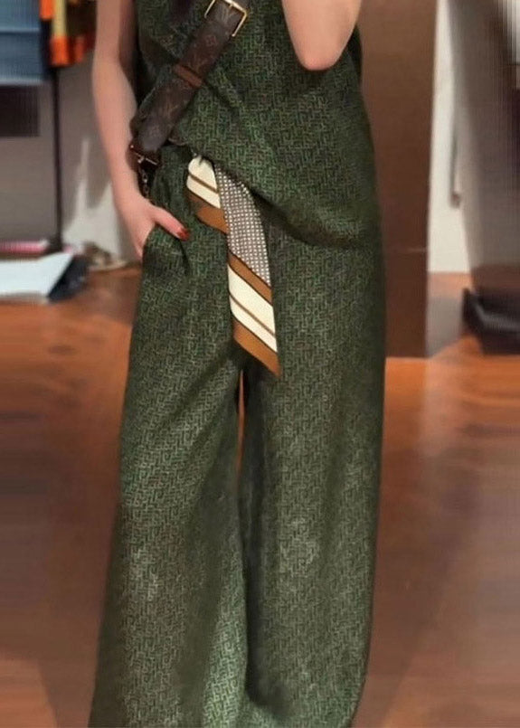 Green O-neck Satin Vest and Wide Leg Pants Two Pieces Set Summer