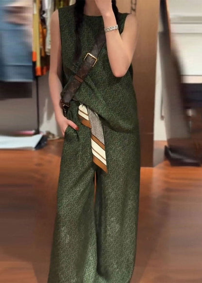 Green O-neck Satin Vest and Wide Leg Pants Two Pieces Set Summer