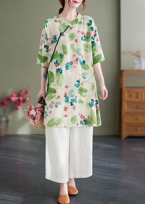 Green O-neck Tie Waist Print Linen Dress Half Sleeve