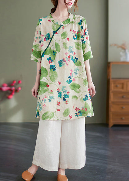 Green O-neck Tie Waist Print Linen Dress Half Sleeve