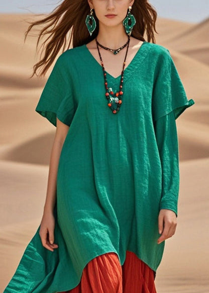 Green Oversized Patchwork Cotton Robe Dresses Summer