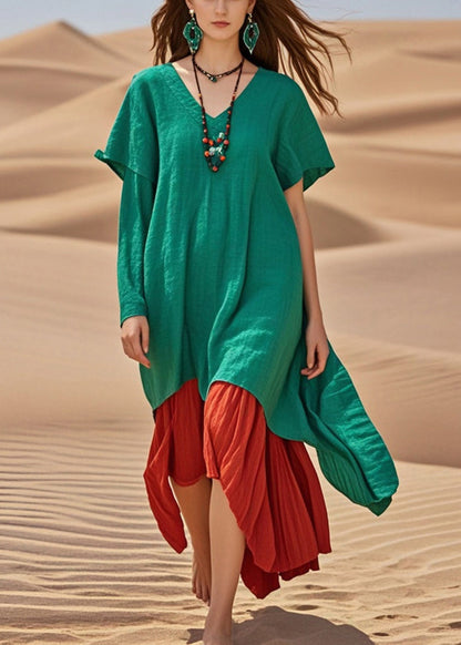 Green Oversized Patchwork Cotton Robe Dresses Summer