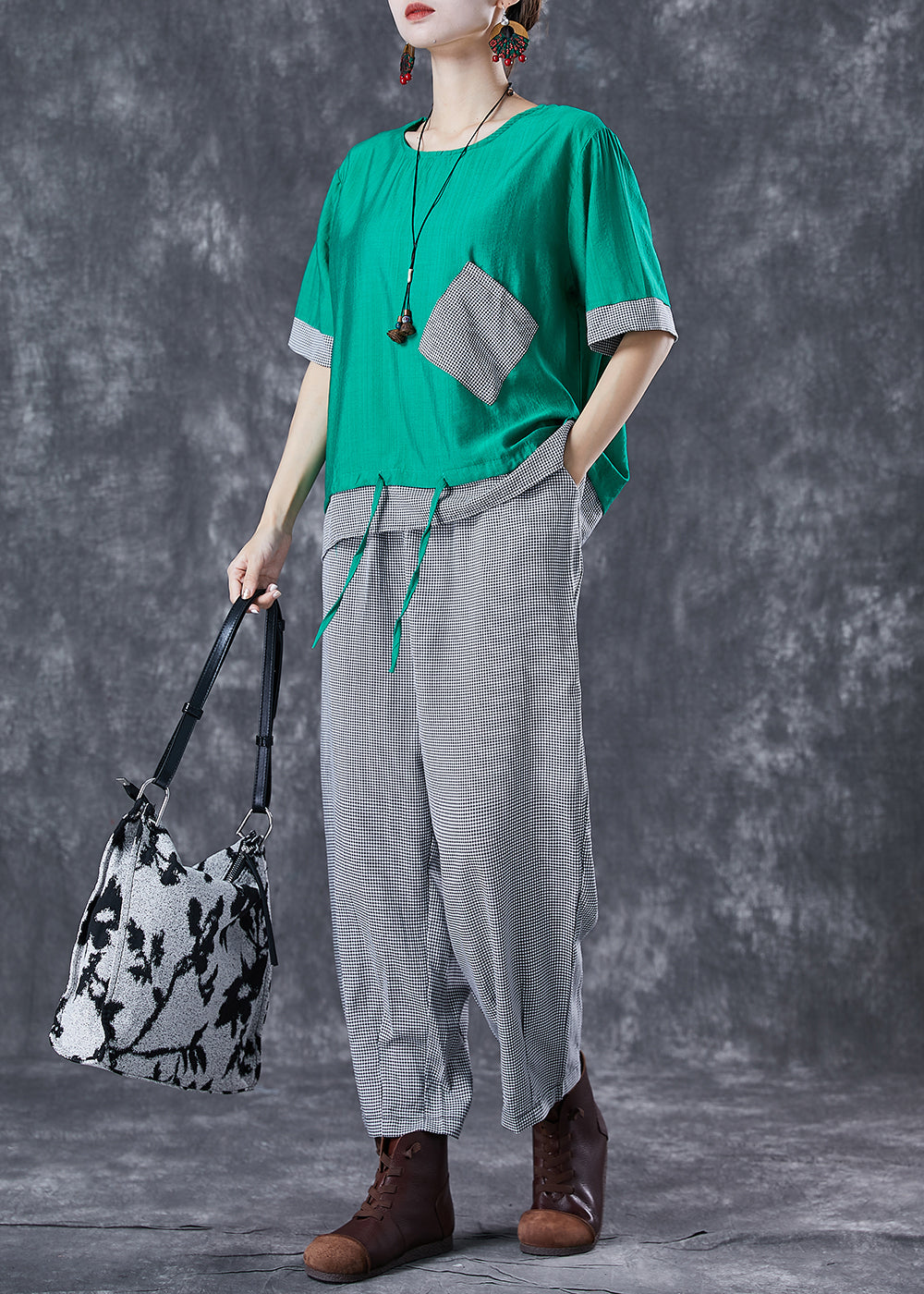 Green Oversized Patchwork Cotton Two Pieces Set Summer