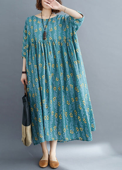 Green Patchwork Wrinkled Cotton Vacation Long Dresses Summer