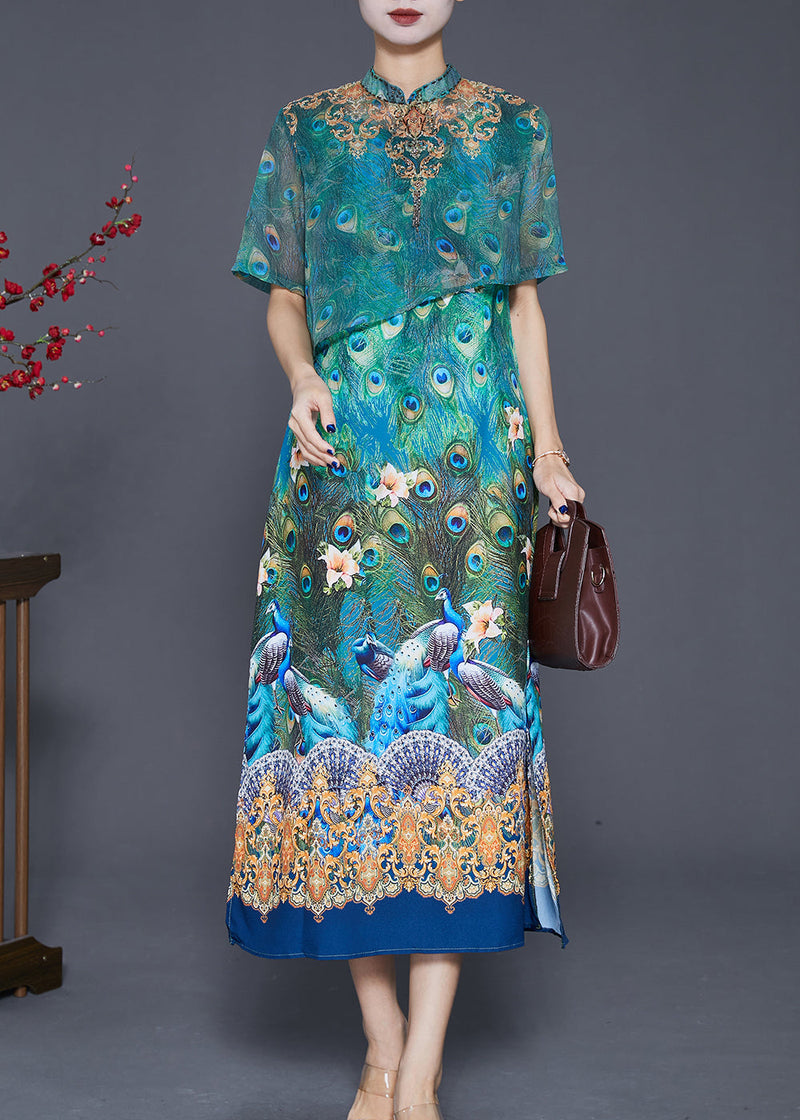 Green Peacock Print Side Open Silk Dress Summer