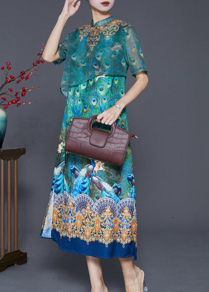 Green Peacock Print Side Open Silk Dress Summer