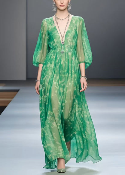 Green Print Chiffon Robe Dresses Bracelet Sleeve