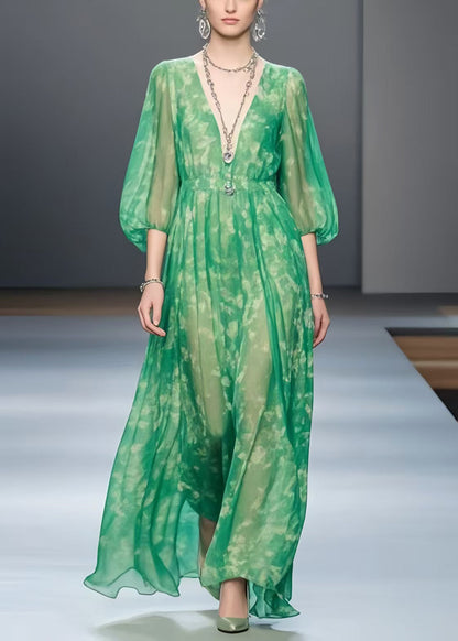 Green Print Chiffon Robe Dresses Bracelet Sleeve