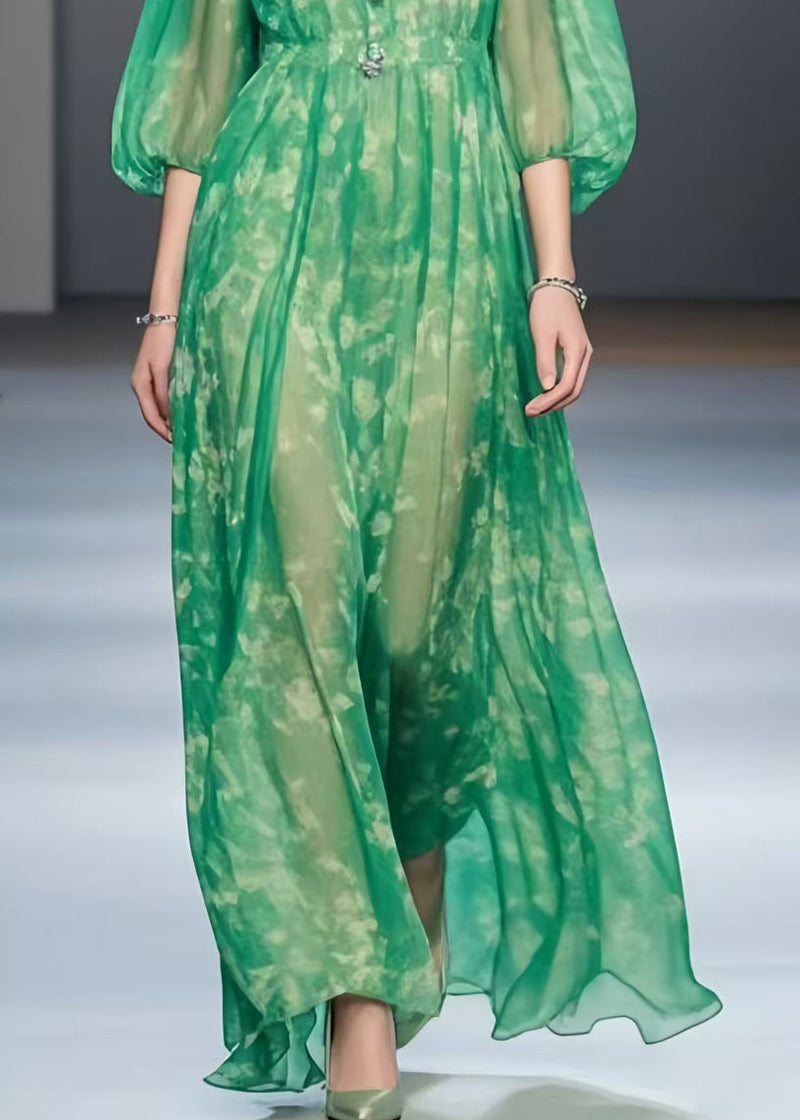 Green Print Chiffon Robe Dresses Bracelet Sleeve