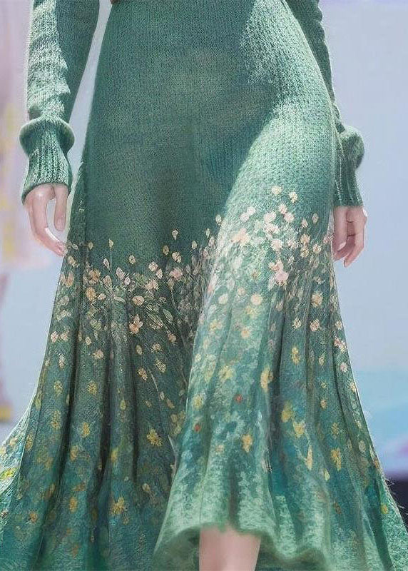 Green Print High Waist Cotton Knit Sweater Dress Winter