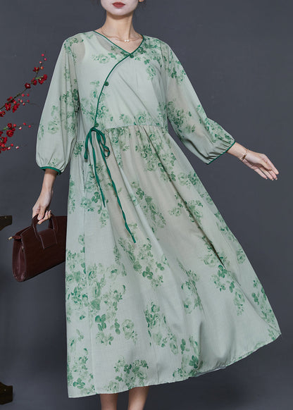 Green Print Linen Oriental Dresses Bracelet Sleeve