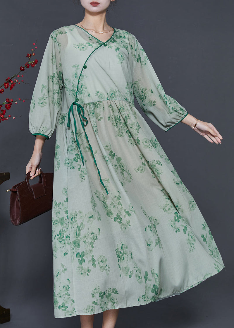 Green Print Linen Oriental Dresses Bracelet Sleeve